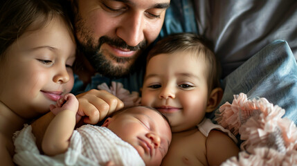 A father holding his newborn baby girl, with his older daughter by his side, celebrating the love of a new sibling on Father�s Day.