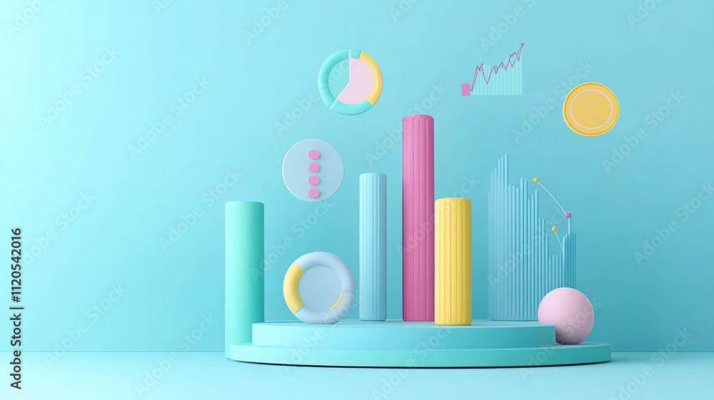 Poster Pastel Columns Charts And Sphere On Platform