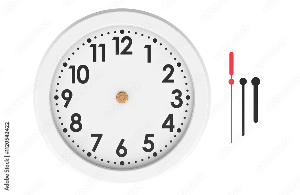 Poster blank clock face mock up with hour, minute and second hands, front view. 3d rendering isolated on tr