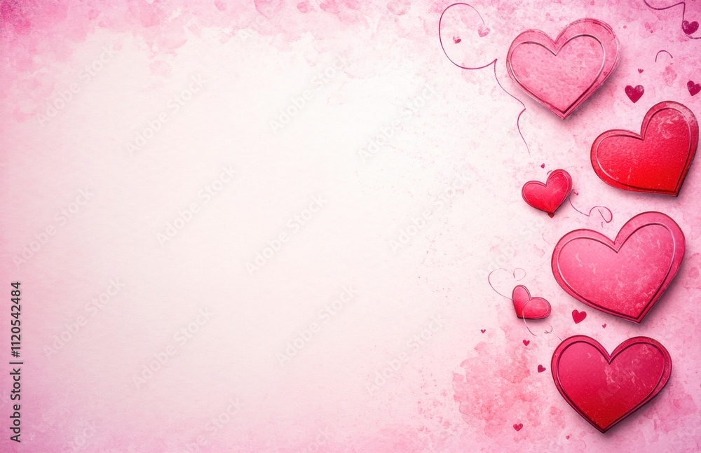 Poster valentine's day background with pink hearts on the right side, empty space for text in the center, r