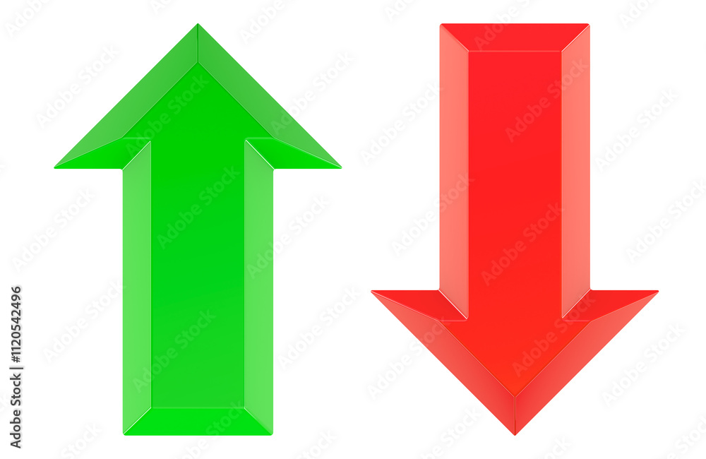 Poster green arrow up and red arrow down, 3d rendering isolated on transparent background