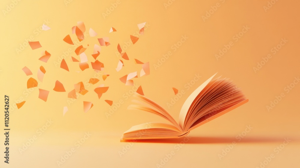 Poster Orange Book Pages Floating In Air Showing Knowledge