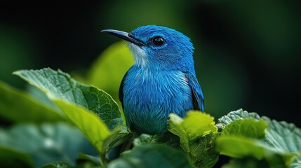Obraz premium Vivid blue bird perched on lush green foliage.
