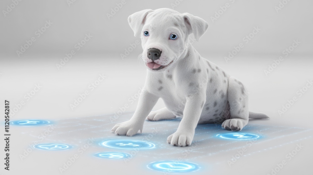 Poster adorable dalmatian puppy on futuristic interface