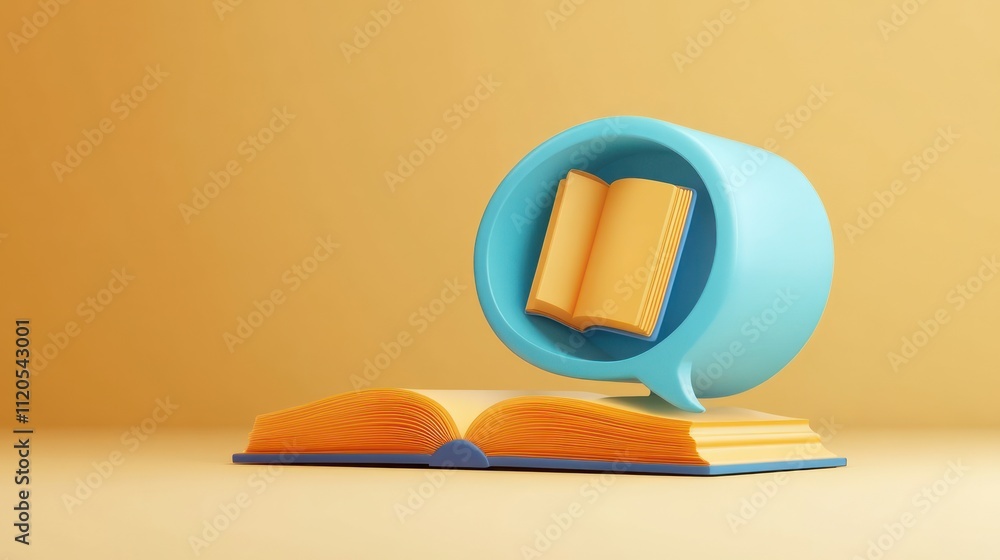 Poster open book inside speech bubble yellow background