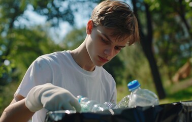 Wearing a white shirt and gloves, a man concentrates on removing trash from a lush riverside, underscoring the importance of environmental responsibility and focus.