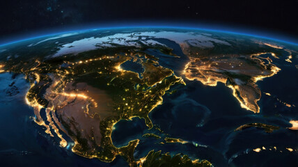 Fototapeta premium Vista satelital de América del Norte durante la noche con líneas de conexión global y puntos iluminados 