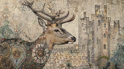 A deer depicted in a medieval tapestry, with intricate patterns and muted tones, set against a castle backdrop