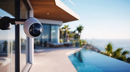 Security camera mounted on modern house overlooking infinity pool.