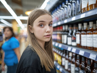 Una adolescente hermosa en un supermercado parada frente a un estante con botellas de bebidas alcohólicas
