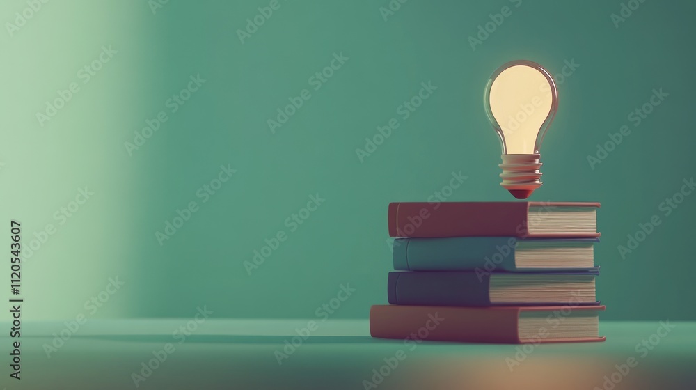 Poster illuminated lightbulb above stack of books represents knowledge
