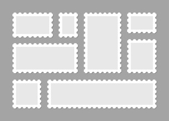 Postage stamp blank template collection. Different rectangular shapes with perforated edges.