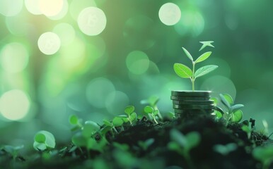 Seedling are growing on coins are stacked and the seedlings in Concept of finance And Investment of saving money or financial and business growth for profit