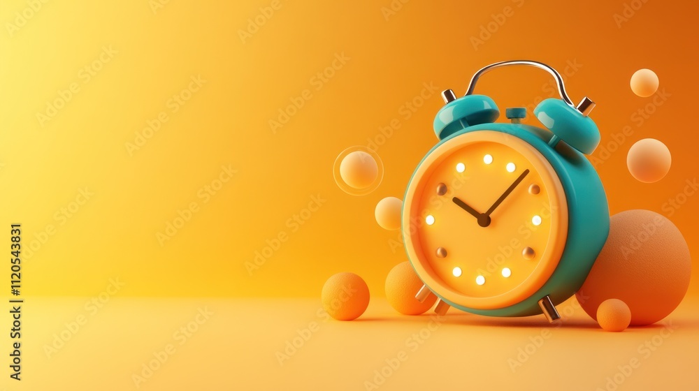 Poster teal alarm clock on orange background with spheres
