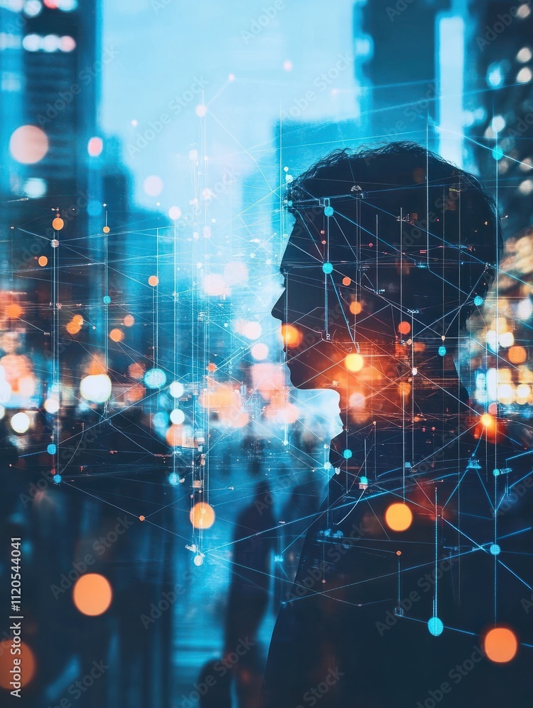 Poster abstract glowing polygonal network with people icons on blurry city background with mock up place in