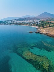 Obraz premium Aerial drone photo of beautiful emerald seascape of Porto Rafti, Mesogeia, Attica, Greece