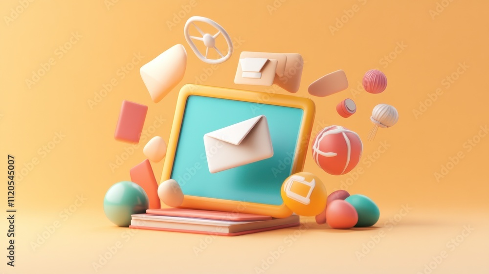 Poster abstract 3d render of colorful objects and an email icon