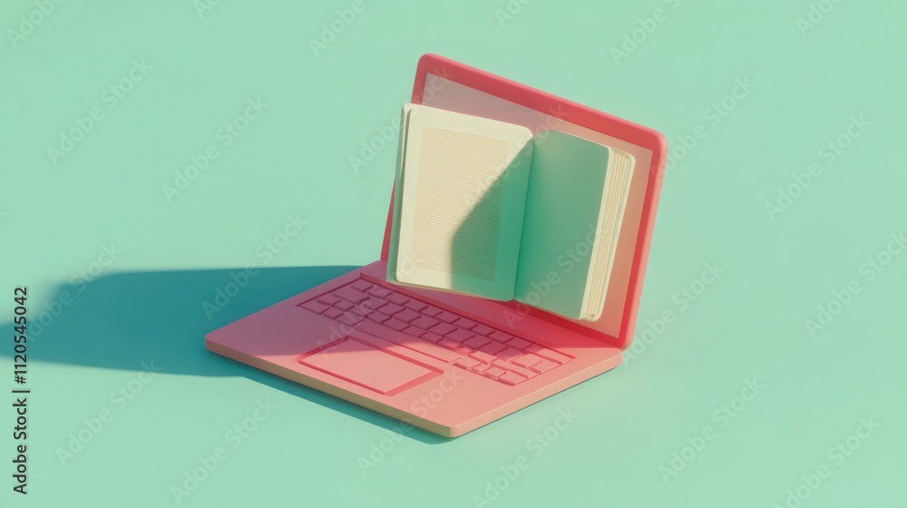 Poster pink laptop displaying an open book in three dimensions