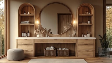 Modern minimalist bathroom vanity with wooden shelves, mirror, and storage.