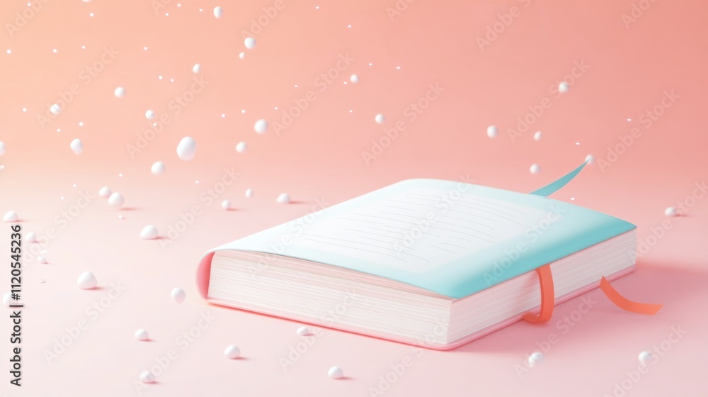 Poster a pastel book with white spheres floating around it
