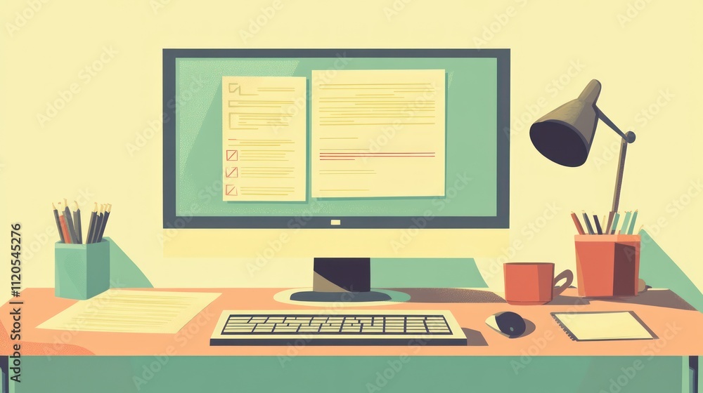 Poster A Clean Modern Workspace With Computer And Documents