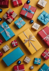 gift box for christmas, presenst and boxes, surpise for anniversary, giftboxes on colorful background