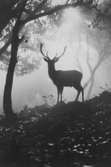 A deer standing on a hill, its antlers outlined by the pale light breaking through a foggy forest