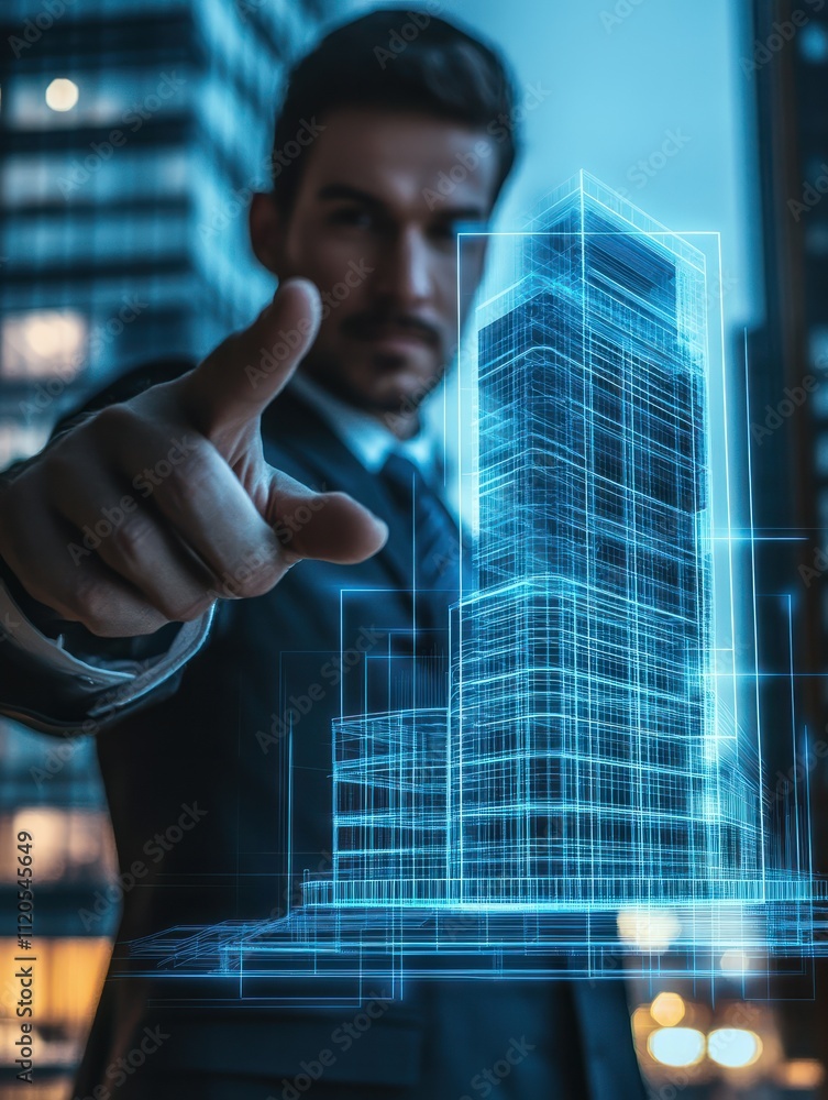 Poster architecture, technology and construction concept - close up of businessman with virtual building bl