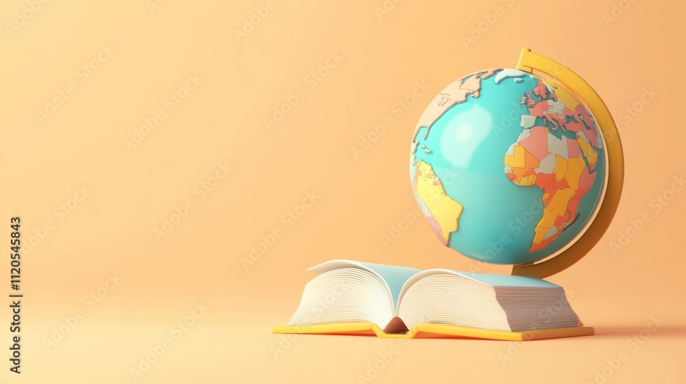 Poster a globe and open book resting on a peach background