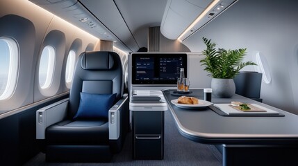 Luxurious airplane cabin interior with comfortable seating and elegant dining setup by window