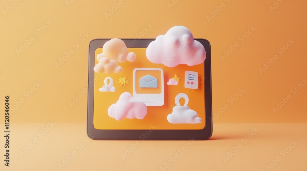 Poster colorful clouds and digital icons on a tablet device