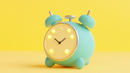 A Teal Retro Alarm Clock on Yellow Background