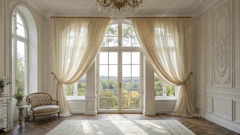 Poster delicate draperies frame large windows allowing soft natural light to filter in adding an airy feel 