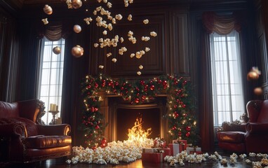 Fototapeta premium Flying popcorn and cranberries on a garland in a classic Christmas room