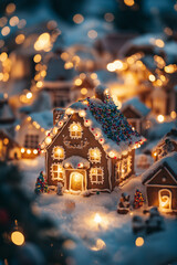 Obraz premium illuminated gingerbread village in the snow