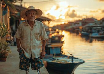 Resilient Fisherman at Sunset by a Riverside Village