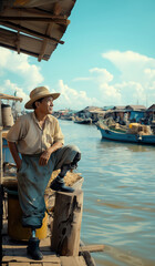 A disabled fisherman reflects his reflection beside a riverside village.