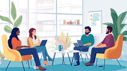 Diverse team collaborates in a modern office.