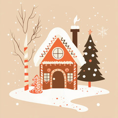 festive gingerbread house with christmas trees