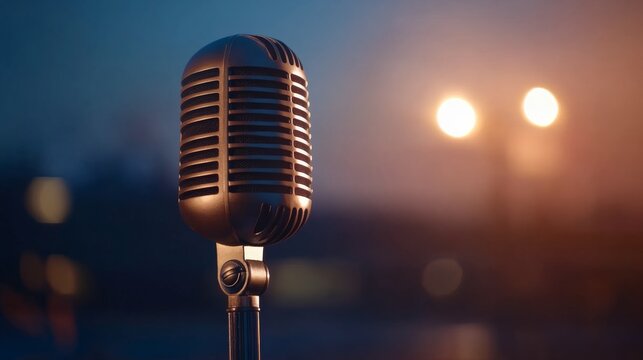 Close-up view of a vintage microphone on a stool illuminated by spotlight, set in a darkened venue, awaiting the next performer during open mic night