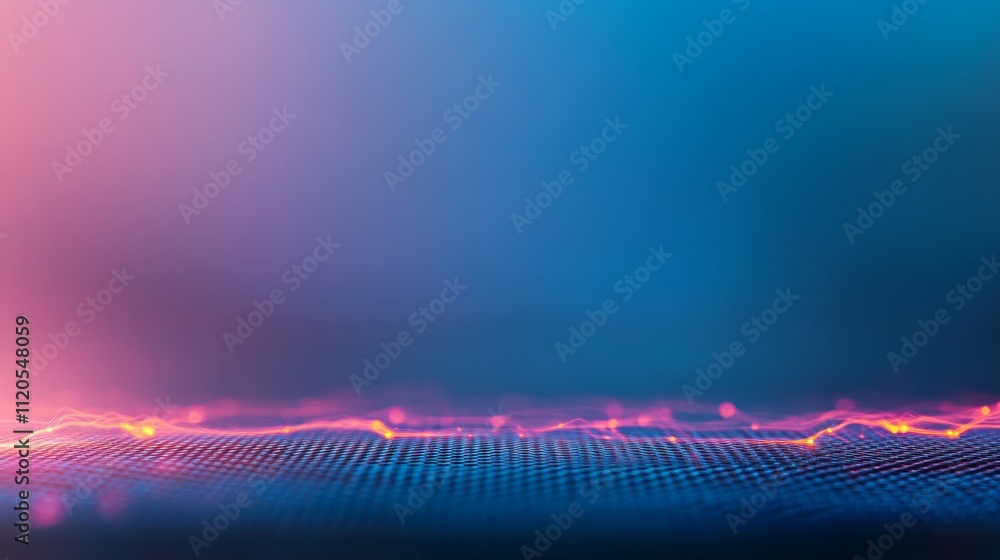 Poster Close-up view of a glowing network grid displaying energy sparks linking nodes, featuring a gradient background shifting from black to blue, ideal for innovation themes