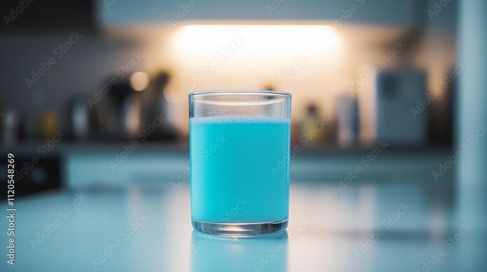 Aufkleber a single glass beaker holds a bright blue liquid, glowing softly under dim laboratory lights, with a