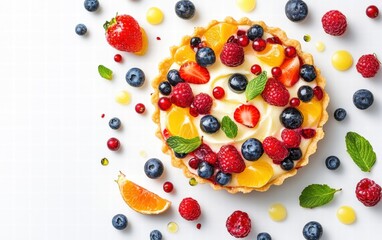 Fruit tart with glossy fresh berries and custard on white background