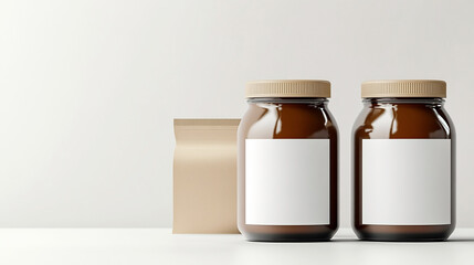 wide background cover of brown color empty jars and bottles, food packaging mockup with blank copy space  	