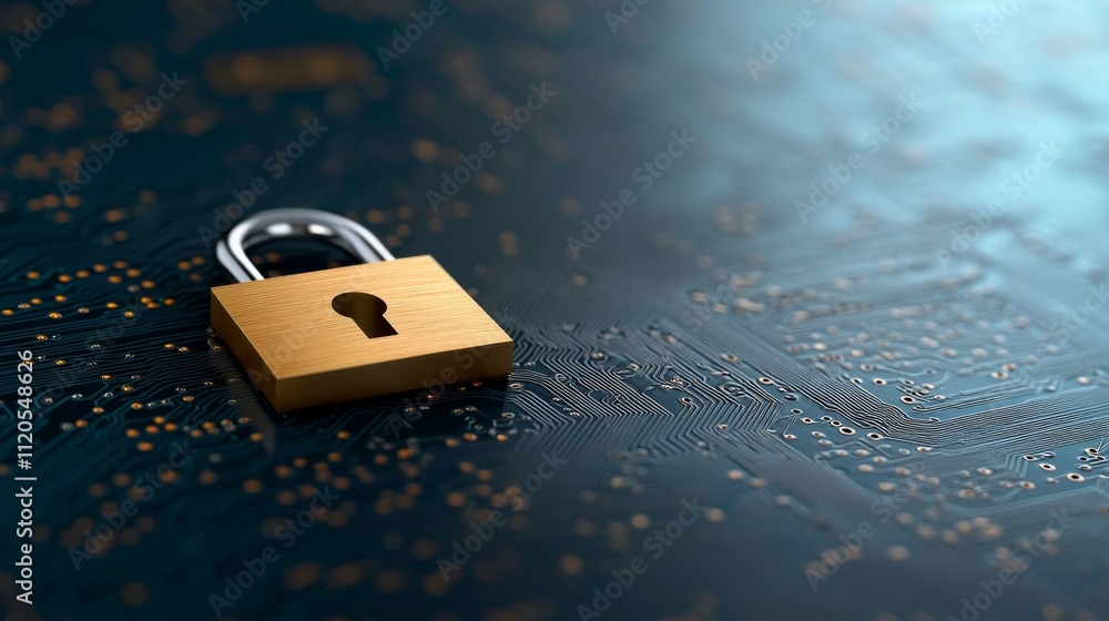 Poster A digital padlock icon is displayed on a glowing circuit board, emphasizing concepts of cybersecurity and encryption against a blue and black gradient background
