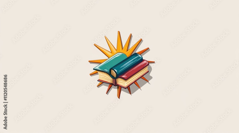 Aufkleber stacked books illuminated by a bright sunburst