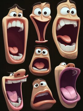 Cartoon talking mouth and lips expressions animations poses. Accent and pronunciation speak, tongue and articulate illustration