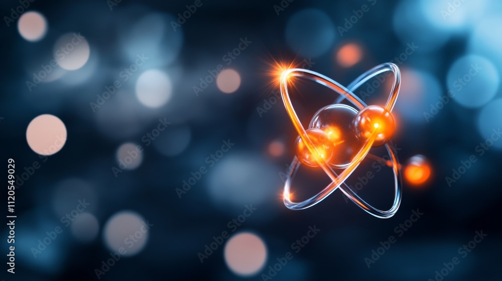 Fototapete detailed close-up of a glowing atom model with swirling electron paths against a dark background fil