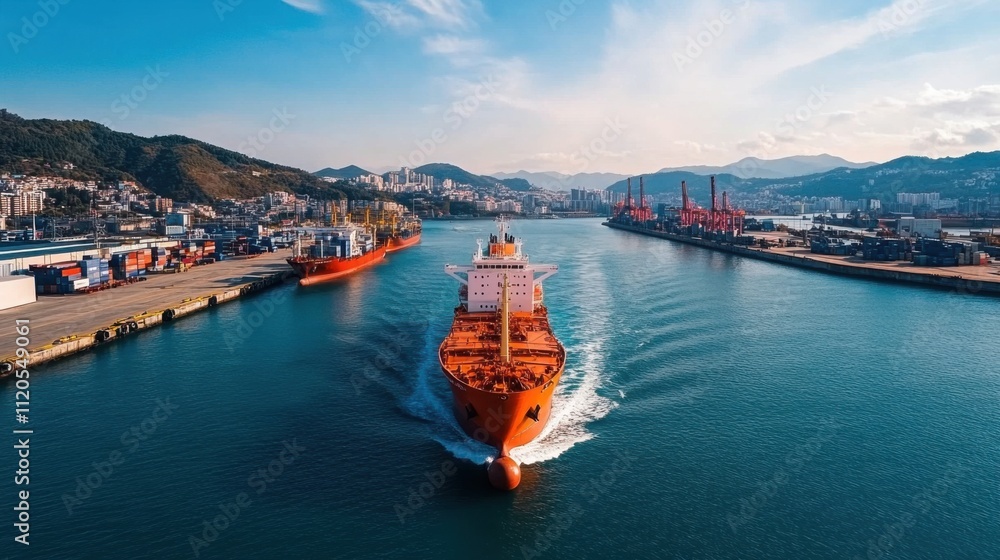 Poster aerial view of large cargo ship navigating port waters surrounded by cranes and shipping containers 
