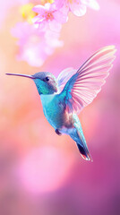 Fototapeta premium vibrant hummingbird in flight, showcasing colorful wings and flowers